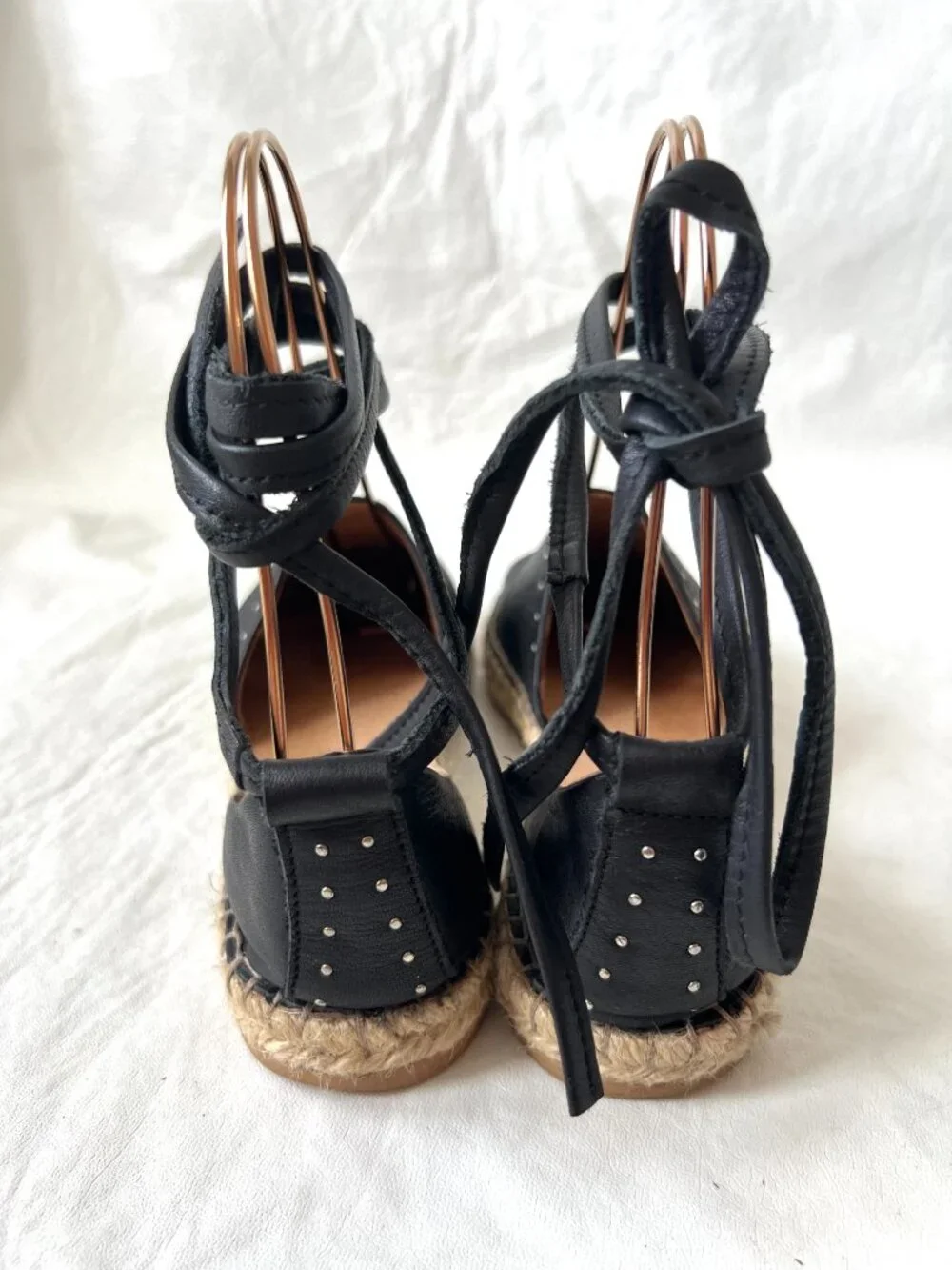 All Saints espadrilles 37 7 womens black leather flats ankle tie lace up studded